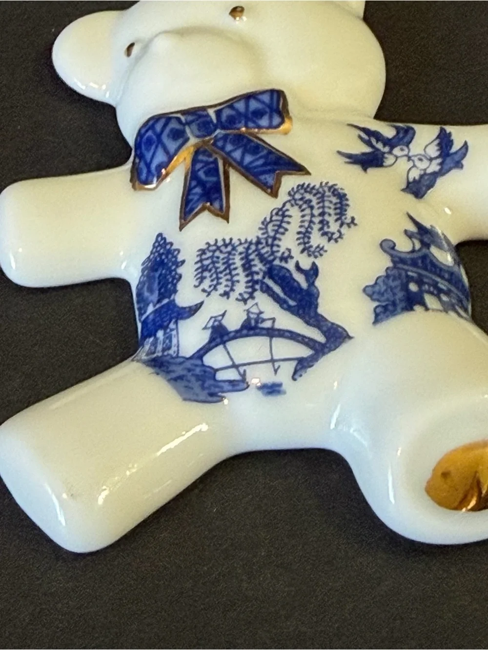 Paul Cardew Blue Teddy Bear Porcelain Ornament White Bow Tie Birds Pagoda Japan